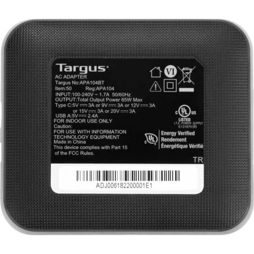 Targus 65W USB-C/USB-A Charger65 W120 V AC, 230 V AC Input5 V DC/3 A, 9 V DC, 12 V DC, 15 V DC, 20 V DC OutputBlack APA104BT