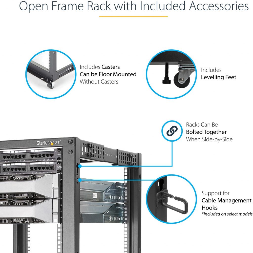 Startech Com U Adjustable Depth Open Frame Post Server Rack W Casters Levelers And Cable