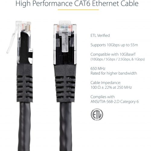 Startech .com 7ft CAT6 Ethernet CableBlack Molded Gigabit100W PoE UTP 650MHzCategory 6 Patch Cord UL Certified Wiring/TIA7ft Black… C6PATCH7BK