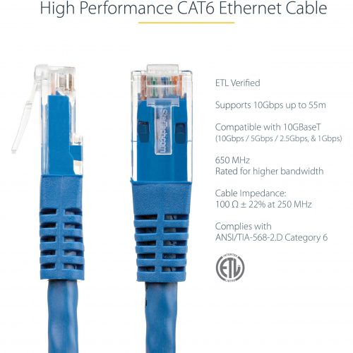 Startech .com 8ft CAT6 Ethernet CableBlue Molded Gigabit100W PoE UTP 650MHzCategory 6 Patch Cord UL Certified Wiring/TIA8ft Blue C… C6PATCH8BL