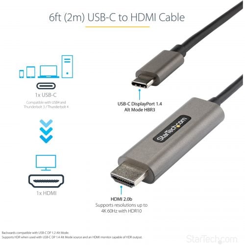 Startech .com 6ft (2m) USB C to HDMI Cable 4K 60Hz with HDR10, Ultra HD USB Type-C to HDMI 2.0b Video Adapter Cable, DP 1.4 Alt Mode HBR36… CDP2HDMM2MH