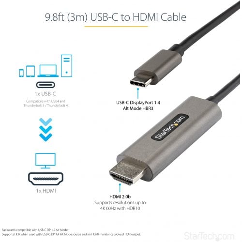 Startech .com 9.8ft (3m) USB C to HDMI Cable 4K 60Hz with HDR10, Ultra HD USB Type-C to HDMI 2.0b Video Adapter Cable, DP 1.4 Alt Mode HBR3 -… CDP2HDMM3MH
