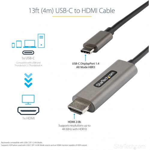 Startech .com 13ft (4m) USB C to HDMI Cable 4K 60Hz with HDR10, Ultra HD USB Type-C to HDMI 2.0b Video Adapter Cable, DP 1.4 Alt Mode HBR3 -… CDP2HDMM4MH