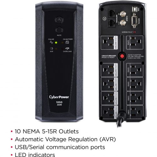 Cyber Power CP1200AVR AVR UPS Systems1200VA/720W, 120 VAC, NEMA 5-15P, Mini-Tower, 10 Outlets, Panel® Personal, $375000 CEG,  Wa… CP1200AVR