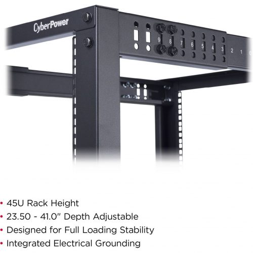 Cyber Power CR45U40001 Knock down open frame rack (for assembly)45U 19″ 4-post Open Frame Rack, 600mm wide, 22″-40″ depth adjustable, black… CR45U40001