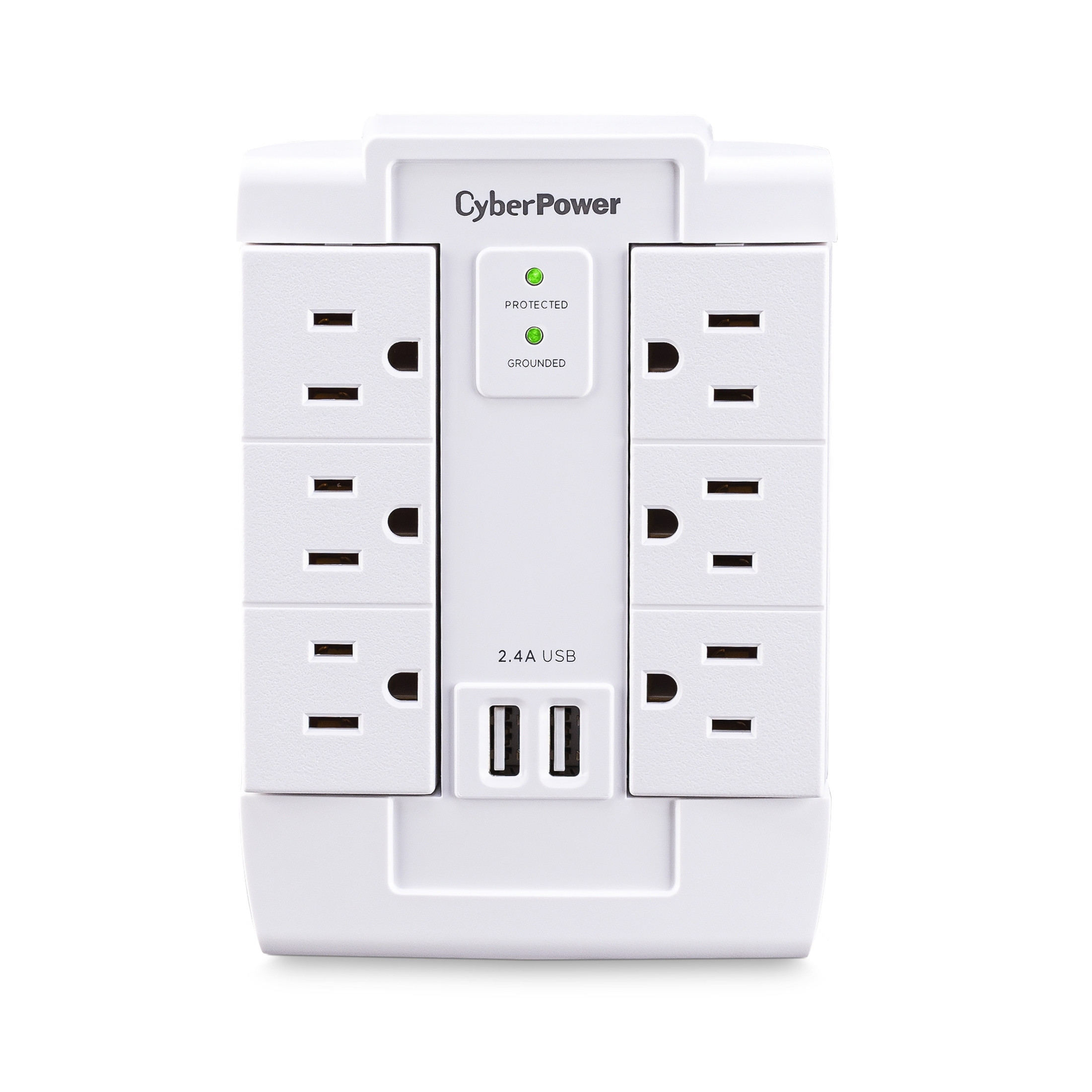 Cyber Power CSP600WSURC2 Professional 6Outlet Surge with 1200 JClamping Voltage 800V, NEMA 5-15P, Wall Tap, 22.4 Amps (Shared) USB,… CSP600WSURC2