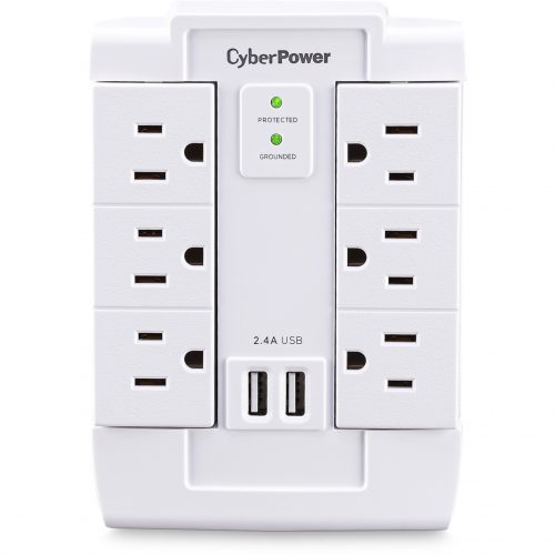 Cyber Power CSP600WSURC2 Professional 6Outlet Surge with 1200 JClamping Voltage 800V, NEMA 5-15P, Wall Tap, 22.4 Amps (Shared) USB,… CSP600WSURC2