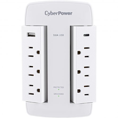 Cyber Power CSP600WSURC5 Professional 6Outlet Surge with 900 JNEMA 5-15P, Wall Tap, 23.6 Amps (Shared) USB, Lifetime Warranty CSP600WSURC5