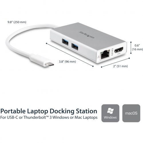 Startech .com USB-C Multiport AdapterUSB-C Travel Dock w/ 4K HDMI60W PD Pass-Through, GbE, 2x USB-AMini USB Type-C Docking Station -… DKT30CHPDW