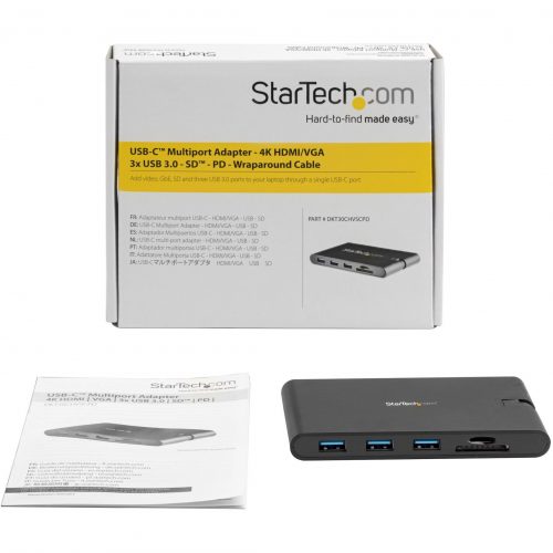 Startech .com USB C Multiport AdapterUSB Type-C Mini Dock with HDMI 4K or VGA Video100W PD Passthrough, 3x USB 3.0, GbE, SD & MicroSD… DKT30CHVSCPD