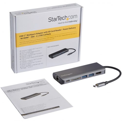 Startech .com USB C Multiport AdapterPortable USB Type-C Travel Dock4K HDMI, 2-pt USB Hub, SD, GbE, 60W PD Pass-ThroughLaptop Dock -… DKT30CSDHPD