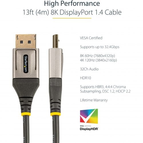 Startech .com 13ft (4m) VESA Certified DisplayPort 1.4 Cable, 8K 60Hz HDR10, UHD 4K 120Hz Video, DP to DP Monitor Cord, DP 1.4 Cable, M/M13…. DP14VMM4M