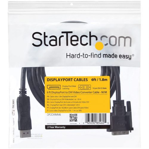Startech .com 6ft (1.8m) DisplayPort to DVI Cable, DisplayPort to DVI-D Adapter Cable, 1080p Video, DP 1.2 to DVI Monitor Converter Cable6ft… DP2DVIMM6