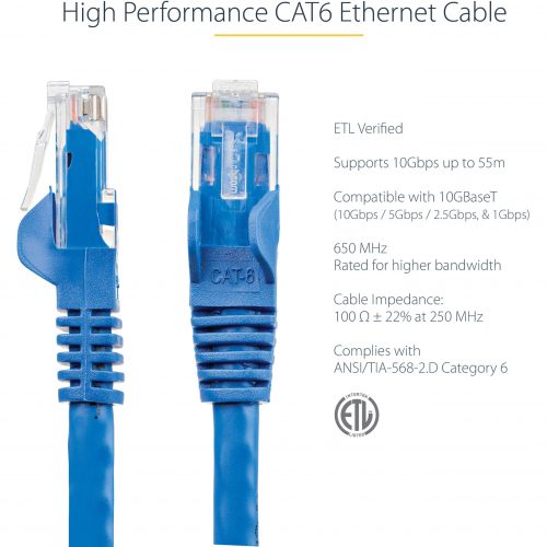 Startech .com 100ft CAT6 Ethernet CableBlue Snagless Gigabit100W PoE UTP 650MHz Category 6 Patch Cord UL Certified Wiring/TIA100ft… N6PATCH100BL