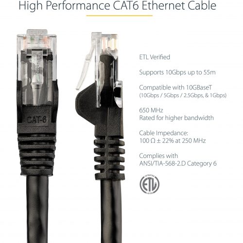 Startech .com 9ft CAT6 Ethernet CableBlack Snagless Gigabit100W PoE UTP 650MHz Category 6 Patch Cord UL Certified Wiring/TIA9ft Black… N6PATCH9BK
