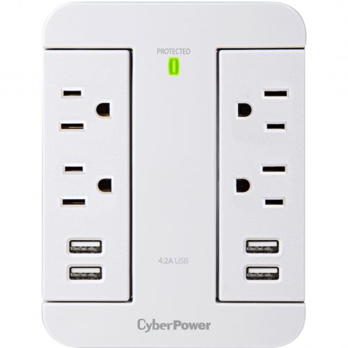 Cyber Power P4WSU Home Office 4Outlet Surge with 900 JNEMA 5-15P, Wall Tap, 44.2 Amps (Shared) USB, EMI/RFI Filtration, White, Lifetime Wa… P4WSU