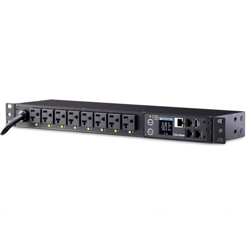 Cyber Power PDU41002 Single Phase 100120 VAC 20A Switched PDU8 Outlets, 12 ft, NEMA L5-20P (5-20P Adapter), Horizontal, 1U, SNMP, LCD, … PDU41002