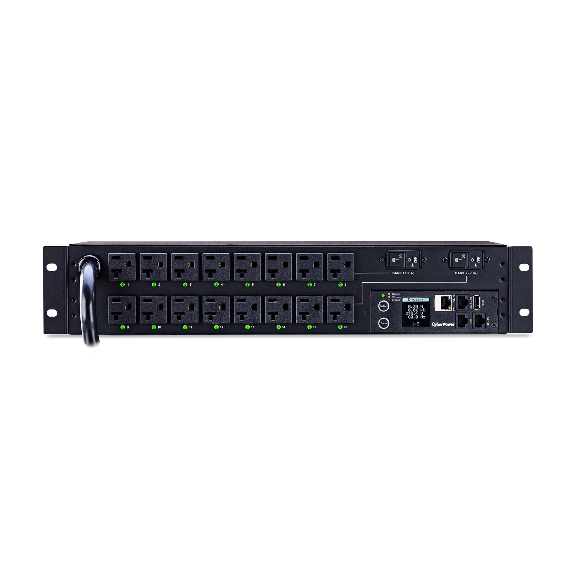 Cyber Power PDU41003 Single Phase 100120 VAC 30A Switched PDU16 Outlets, 12 ft, NEMA L5-30P, Horizontal, 2U, SNMP,  Warranty PDU41003