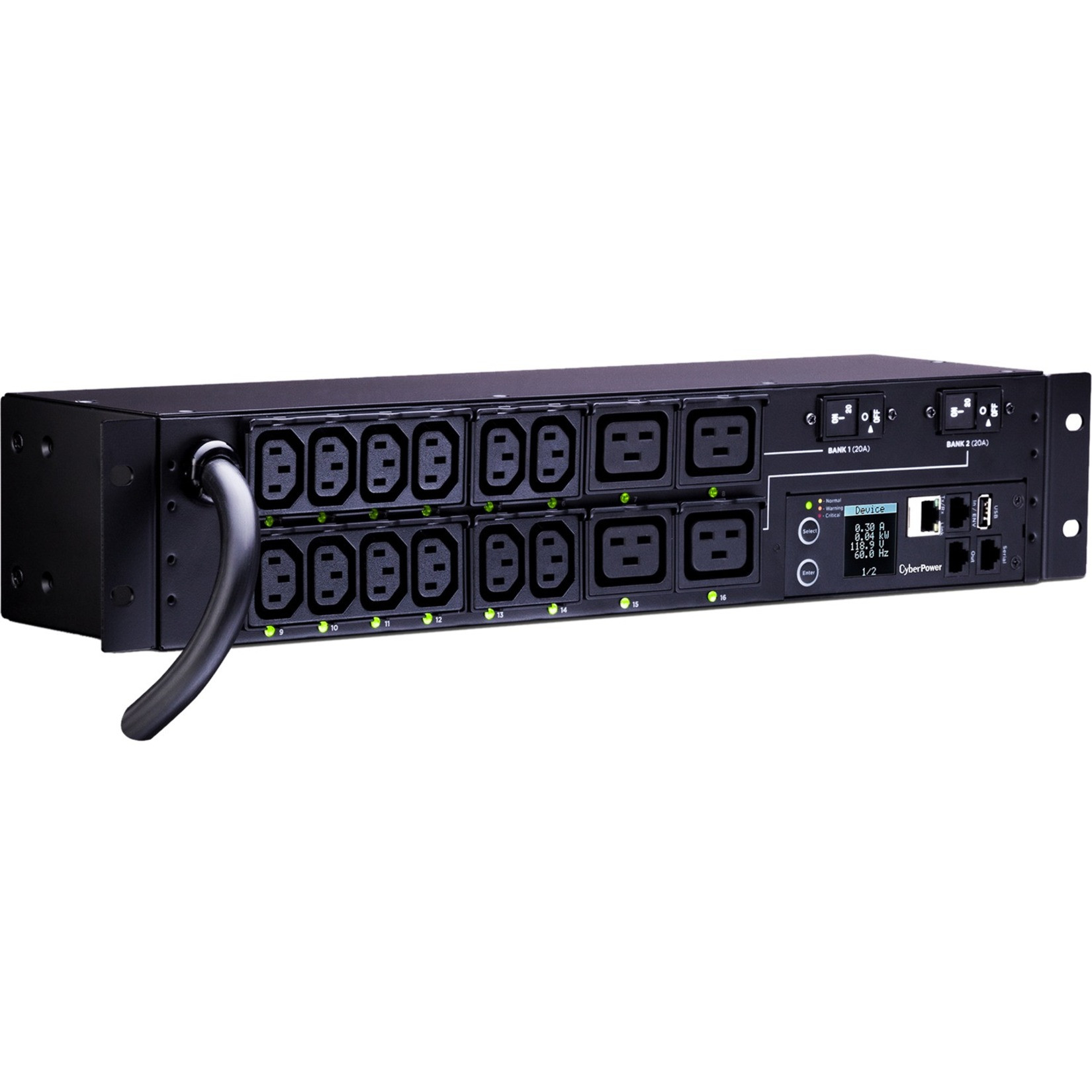Cyber Power PDU81008 200240 VAC 30A Switched Metered-by-Outlet PDU16 Outlets, 12 ft, NEMA L6-30P, Horizontal, 2U, LCD,  Warranty PDU81008