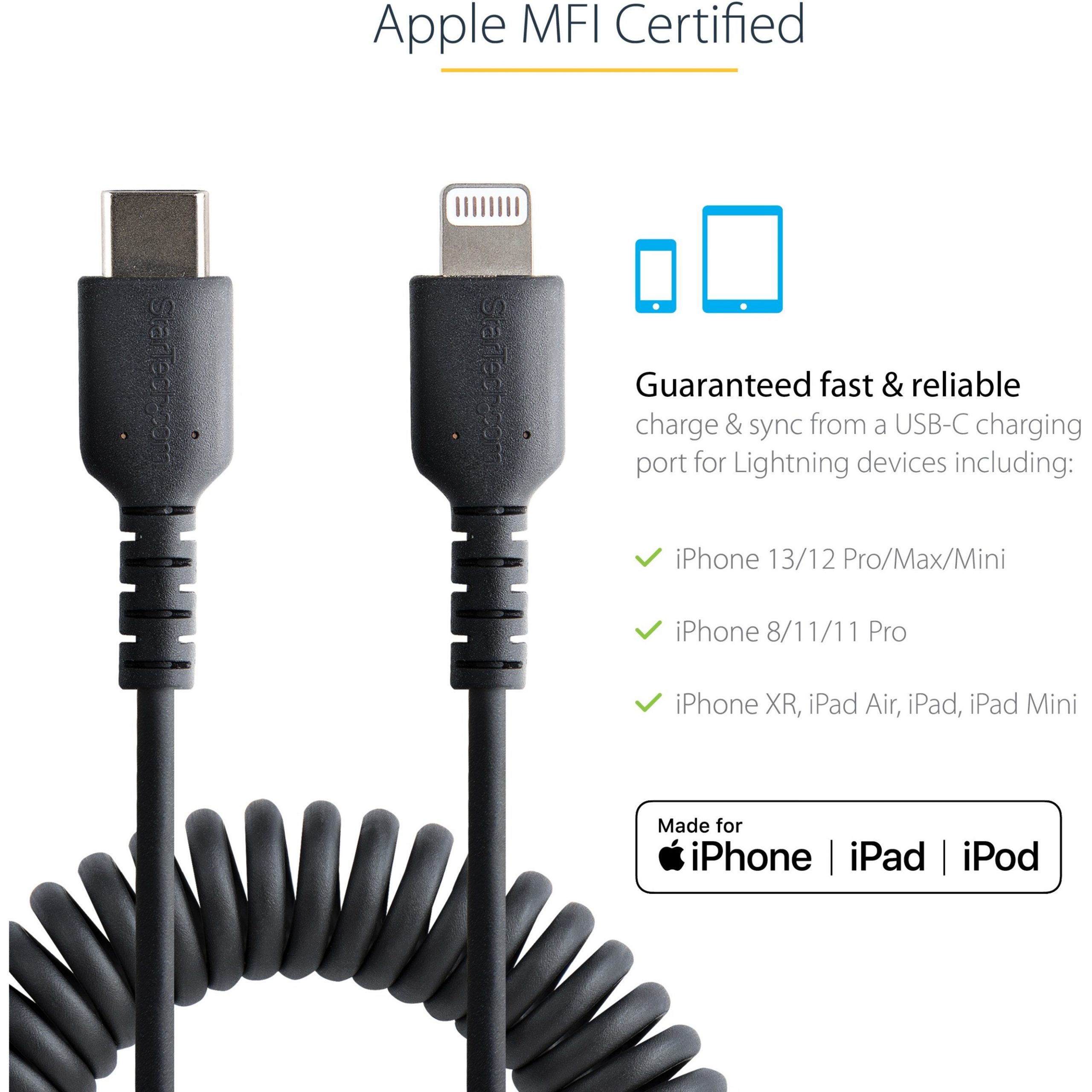 StarTech.com Câble USB-C vers Lightning Blanc Robuste 1m - Câble de  Charge/Synchronistation USB Type C vers Lightning Fibre Aramide -  iPad/iPhone 12 Certifié Apple MFi sur