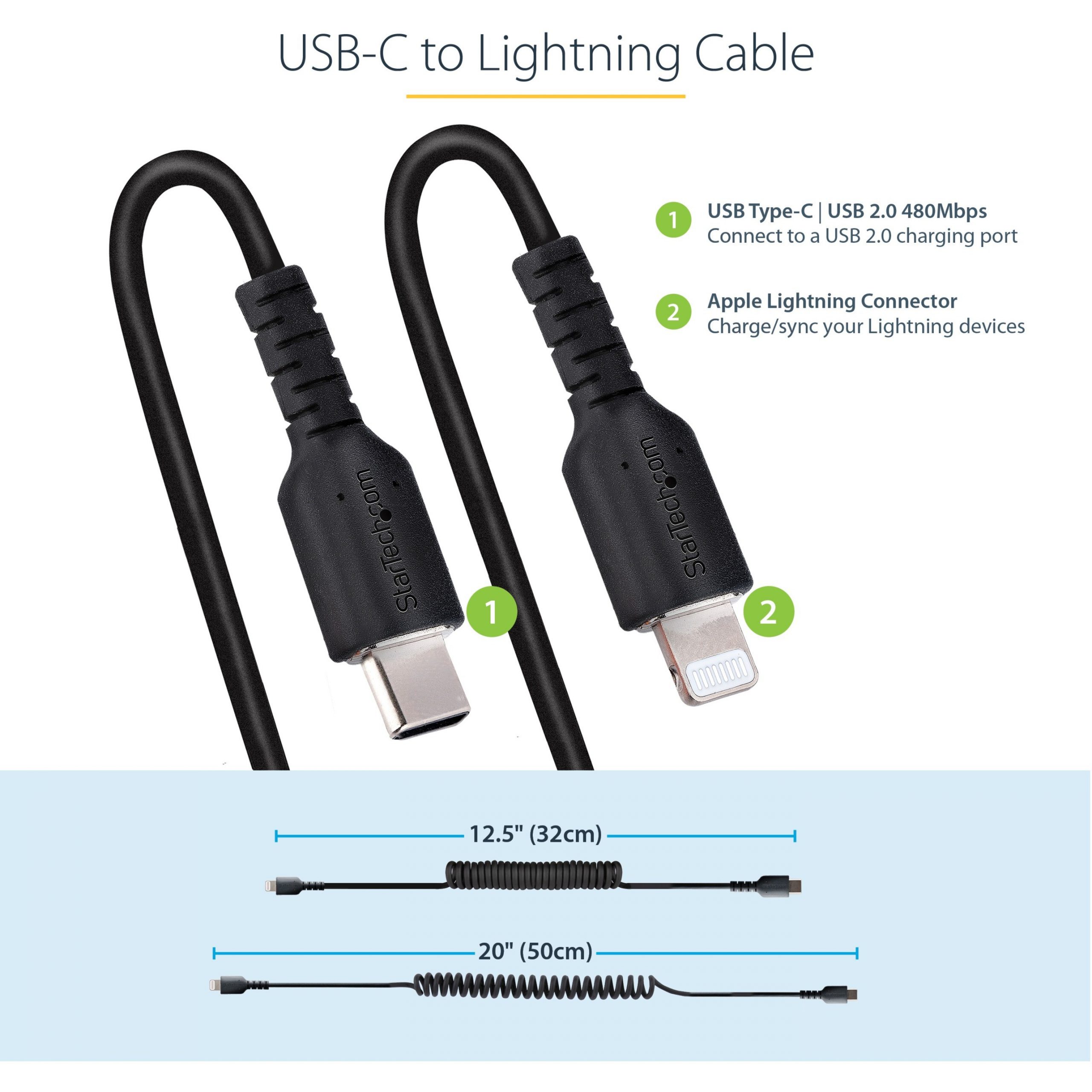 StarTech.com USB C to Lightning Cable 50cm 20in MFi Certified Coiled iPhone  Charger Cable Black TPE Jacket Aramid Fiber 20in 50cm Coiled USB C to  Lightning charging cable with aramid fiber 