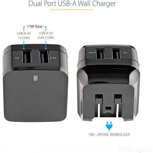 Startech .com 2 Port USB Wall Charger, 17W Wall Charger Hub (2.4A & 1A port), Dual USB-A Power Adapter, Portable Charger for Phones/Tablets -… USB2PACUBK