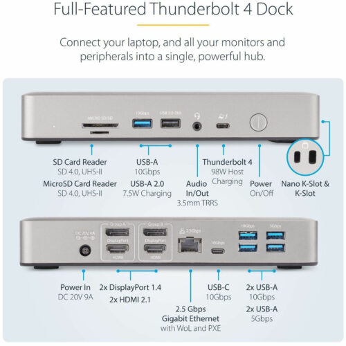 Startech .com Thunderbolt 4 Multi-Display Docking Station, Quad/Triple/Dual Monitor Dock, 2x HDMI/2x DP, 7x USB Hub, 2.5Gb Ethernet, 98W… 132N-TB4USB4DOCK