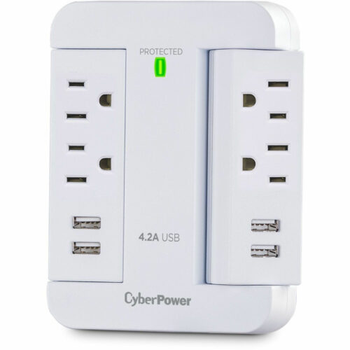 Cyber Power GP400U4AWH Home OfficeOutlet Surge with 500 JClamping Voltage 800V, NEMA 5-15P, Wall Tap, 44.2 Amps (Shared) USB, EMI/RFI… GP400U4AWH