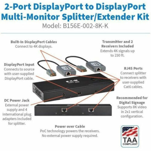 Tripp Lite Eaton   Series 2-Port DisplayPort to DisplayPort Splitter/Extender Kit over Cat6, MST Hub, 8K/4K 60 Hz, DP 1.4, Up to 230 ft. (7… B156E-002-8K-K