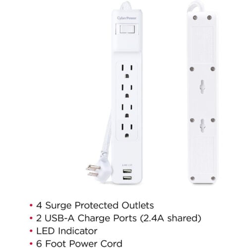 Cyber Power Home Office P406U 4-Outlet Surge Suppressor/Protector2 x USB, 4 x NEMA 5-15R500 J120 V AC InputAudio/Video P406U