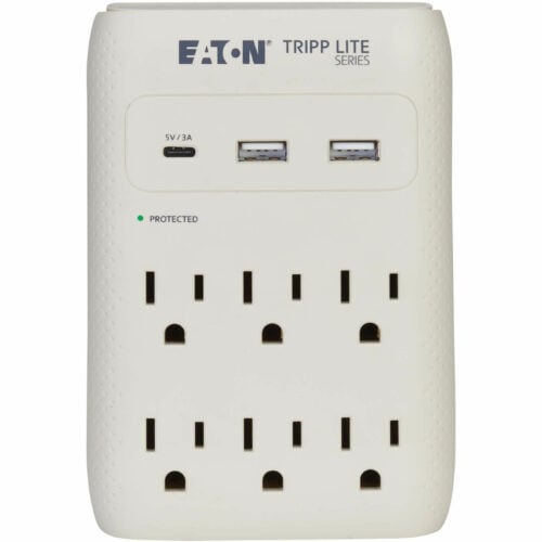 Tripp Lite Eaton   Series Protect It! 6-Outlet Surge Protector5-15R Outlets, USB-C and USB-A Ports, 5-15P Direct Plug-In, 1080 Joules, GrayGra… SK60C